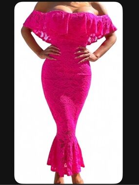 Off-Shoulder Fuchsia Lace Mermaid Dress